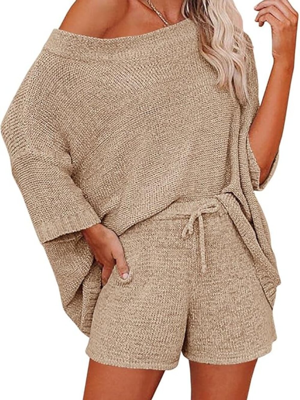 2 Piece Khaki Knit Boatneck Top with High-Waisted Shorts Set, Khaki, Medium